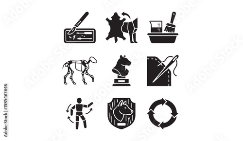 Black icons representing various crafts hobbies industrial processes