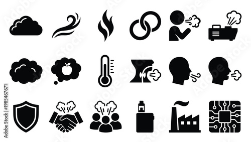 Collection of vector icons representing atmospheric conditions, human health, industrial processes, and abstract concepts for modern graphic design and digital applications.