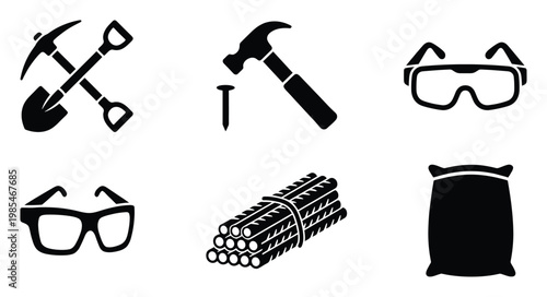 Essential construction and labor icons featuring tools, protective gear, building materials, and supplies, perfect for industrial and home improvement projects