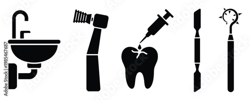 Comprehensive collection of dental instruments and oral care symbols ideal for showcasing dentistry practices, hygiene services, and medical information in professional presentations and