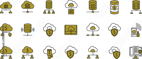 Cloud computing and financial technology line icon set with data storage digital payments security network and online services