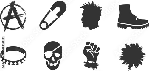 Punk Rock and Anarchy Silhouette Icon Set – Black and White Rebel Vector Collection on White Background