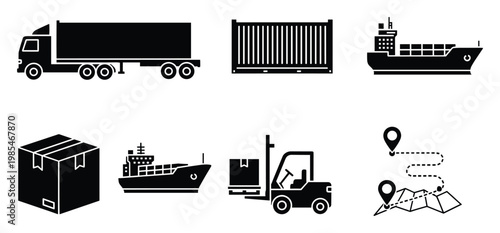 Comprehensive collection of shipping and logistics transportation icons representing global freight delivery and supply chain management for business infographics and commercial projects