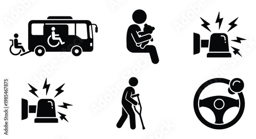 Public safety and accessibility icons wheelchair accessible transport, child care, emergency alert, walking with crutch, and car steering wheel for informational signage.