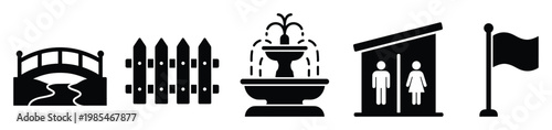 Collection of black glyph style park and outdoor recreation icons including a bridge, fence, water fountain, public restroom sign, and flag, ideal for mapping, informational graphics, and