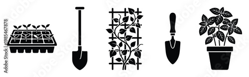 Essential gardening tools and plant elements for cultivating a vibrant home garden or supporting sustainable agricultural projects, perfect for educational resources and landscape planning.