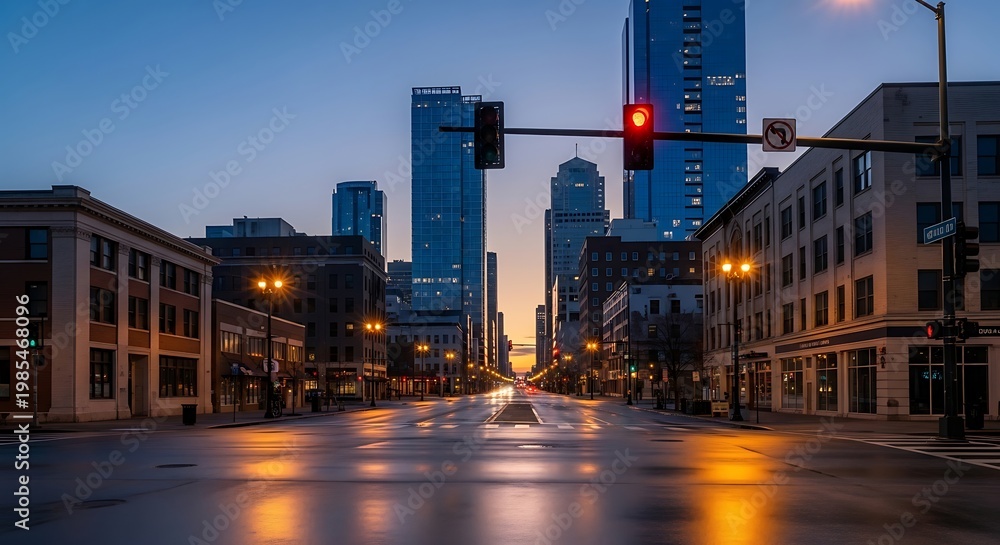 Fototapeta premium A city street at dusk with tall buildings and a traffic light in the foreground