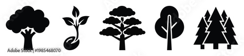 Collection of minimalist black tree and plant seedling icons representing nature, growth, and environmental themes suitable for graphic design and educational resources
