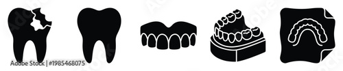 Comprehensive dental and oral health icons featuring healthy and decayed teeth, prosthetic models, and clear orthodontic aligners for clinic presentations and educational materials.