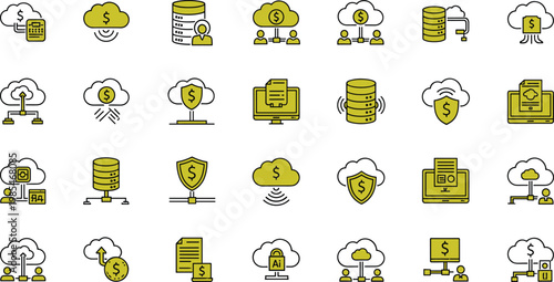 Cloud finance and digital banking line icon set featuring online payments data storage security and fintech services
