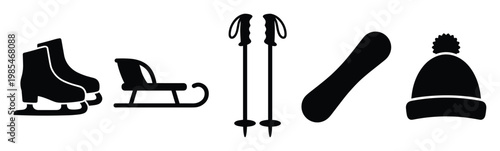 Collection of essential winter sports and recreation equipment with a warm beanie hat for cold weather adventures and outdoor seasonal activities