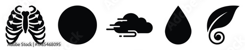 Black silhouette icons of rib cage, circle, cloud, water drop, and leaf, useful for health, science, nature, and environmental educational design projects.