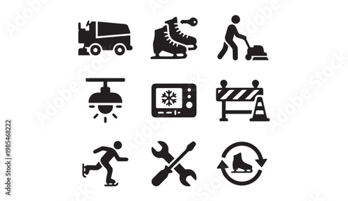 Ice rink maintenance and figure skating equipment icon collection with snowflake