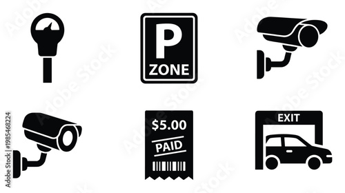 Collection of essential parking facility elements including meters, security cameras, payment tickets, and exit signs for urban infrastructure planning and guidance systems.