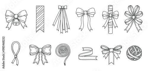 Hand drawn collection of various decorative bows and elegant ribbons perfect for gift wrapping celebration embellishments and greeting design projects