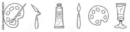 Hand drawn outline painting tools set featuring palettes brushes paint tubes and palette knives ideal for educational materials craft projects and creative design assets