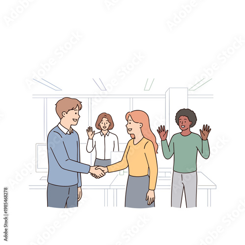 People shaking hands in office with coworkers waving