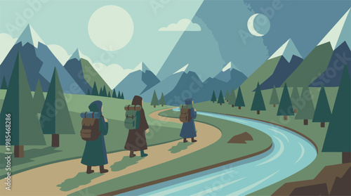 Hikers on a Mountain Path with River, Trees, Sun and Moon