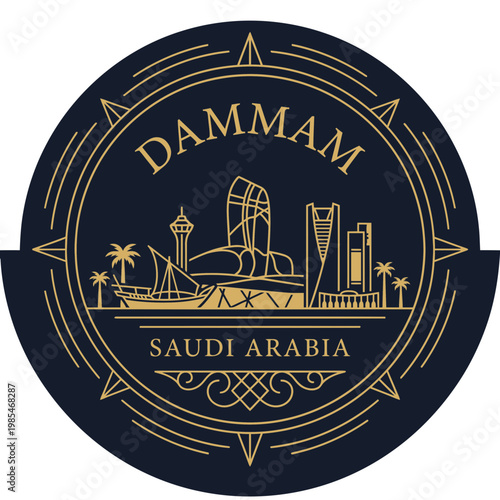 Circular gold line art emblem of Dammam Saudi Arabia skyline vector illustration