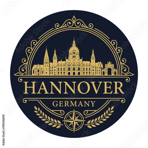 Hannover Germany travel emblem with New Town Hall landmark vector illustration