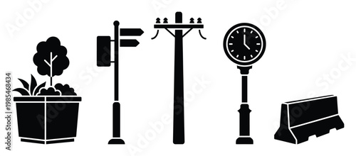 Vector silhouette icons of urban street elements including potted plant, signpost, utility pole, street clock, and concrete barrier useful for city planning and architectural design.