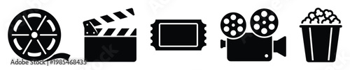 Movie cinema icons set featuring film reel clapperboard ticket camera popcorn bucket ideal for entertainment industry presentations graphic projects and applications.
