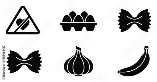 Diverse set of essential grocery items including eggs, pasta, garlic, and banana alongside a symbolic heart prohibition icon for various health and dietary applications
