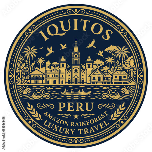 Iquitos Peru Amazon rainforest luxury travel emblem with cathedral river scenery vector illustration
