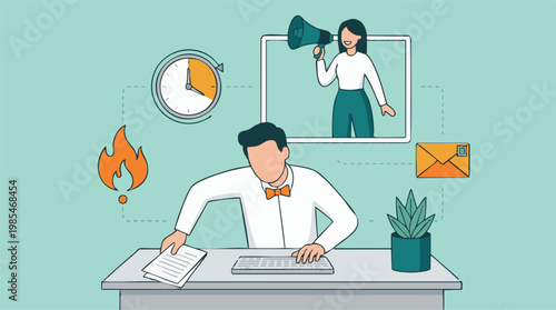 Businessman working at desk with remote communication and urgent task management