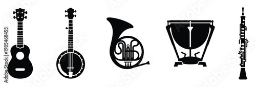 A diverse collection of musical instruments including a ukulele, banjo, french horn, timpani, and oboe, suitable for music education and cultural event promotions