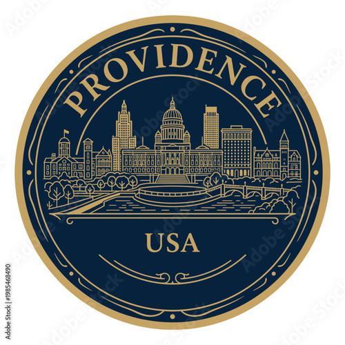 Providence Rhode Island city skyline emblem with gold line art vector illustration