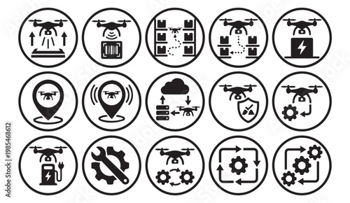Commercial drone technology and autonomous delivery service icon set