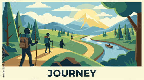 Stylized landscape illustration of hikers, river, mountains, and sunrise journey