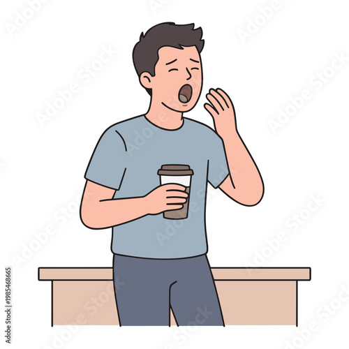 A man yawns while holding a coffee cup in his hand standing.