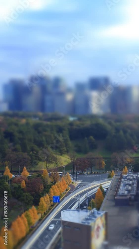 皇居と丸の内のビル群とイチョウ並木の一日のミニチュア風景