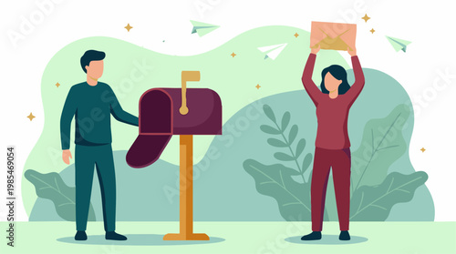 Mail delivery and communication concept with people, mailbox, and envelope