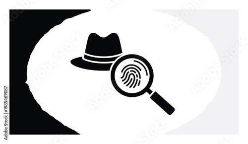 Abstract graphic symbolizing a deep criminal investigation featuring a classic fedora hat and magnifying glass revealing a unique fingerprint clue