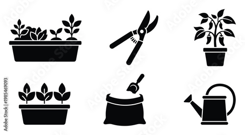 Various gardening tools and potted plants featuring planters with seedlings, a pepper plant, pruning shears, a soil bag, and a watering can, useful for home horticulture projects.