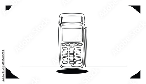 Continuous line drawing of a modern payment terminal, symbolizing digital transactions and financial technology for business finance articles or economic presentations.