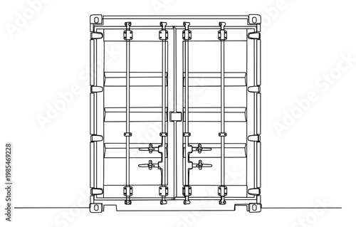 Precise single line drawing illustrating the robust rear doors of a freight shipping container, showcasing industrial design and locking hardware, perfect for transport infrastructure