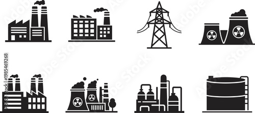 Industrial Factory and Energy Plant Icon Set, Black Silhouettes of Nuclear Power Stations Electric Pylons and Oil Storage for Commercial Engineering Designs