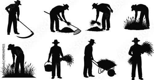 Black Silhouette Vector Set of Farmers Harvesting Crops Featuring Agricultural Activities Manual Labor Scythe Mowing Raking Wheelbarrow and Hay Gathering Isolated on White Background for Design