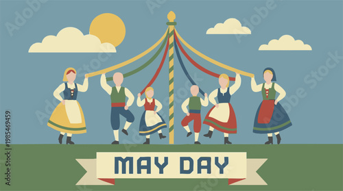 May Day celebration with folk dancers in traditional costumes around a maypole