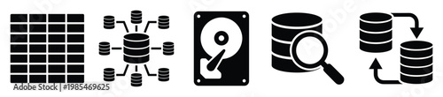 Comprehensive set of data management icons depicting storage, distribution, search, and migration for technology presentations and business diagrams