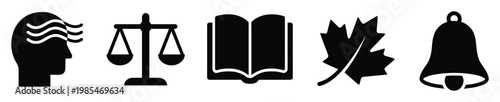 Collection of conceptual icons featuring a mind, justice scales, an open book, a maple leaf, and a bell symbol, ideal for educational, legal, and informational graphic applications.