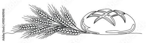 Minimalist continuous line drawing depicting golden wheat stalks alongside a freshly baked artisan bread loaf, ideal for food branding, restaurant menus, or farmtotable promotions.