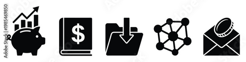 Financial management and data processing icons featuring savings, accounting, downloading, networking, and payments for business applications