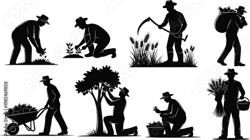 Farmer silhouettes set showing planting, harvesting crops, carrying produce and agricultural field work, rural farming lifestyle concept, black vector illustration isolated on white background