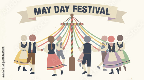 Traditional May Day Festival with people dancing around a colorful maypole