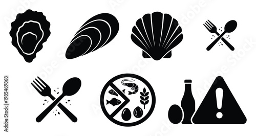 Collection of food allergy and dietary restriction icons featuring various shellfish, fish, wheat, eggs, nuts, and general warning signs for consumer awareness applications.